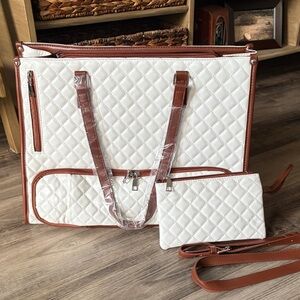 White Quilted Lunch Tote Bag with Brown Accents Laptop Picnic with Wallet Purse